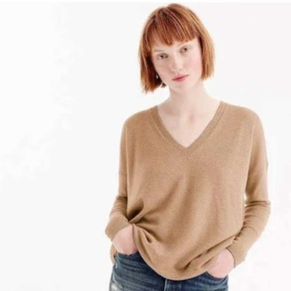 J. Crew 100% cashmere boyfriend v neck sweater camel tan